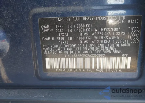 2010 Subaru Outback 2.5I Premium from USA, damaged, VIN 4S4BRCFC2A3353983